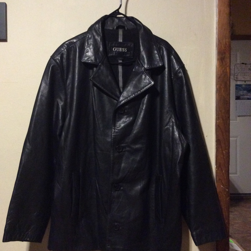 Men’s Guess Black Leather Car Coat Size XXL